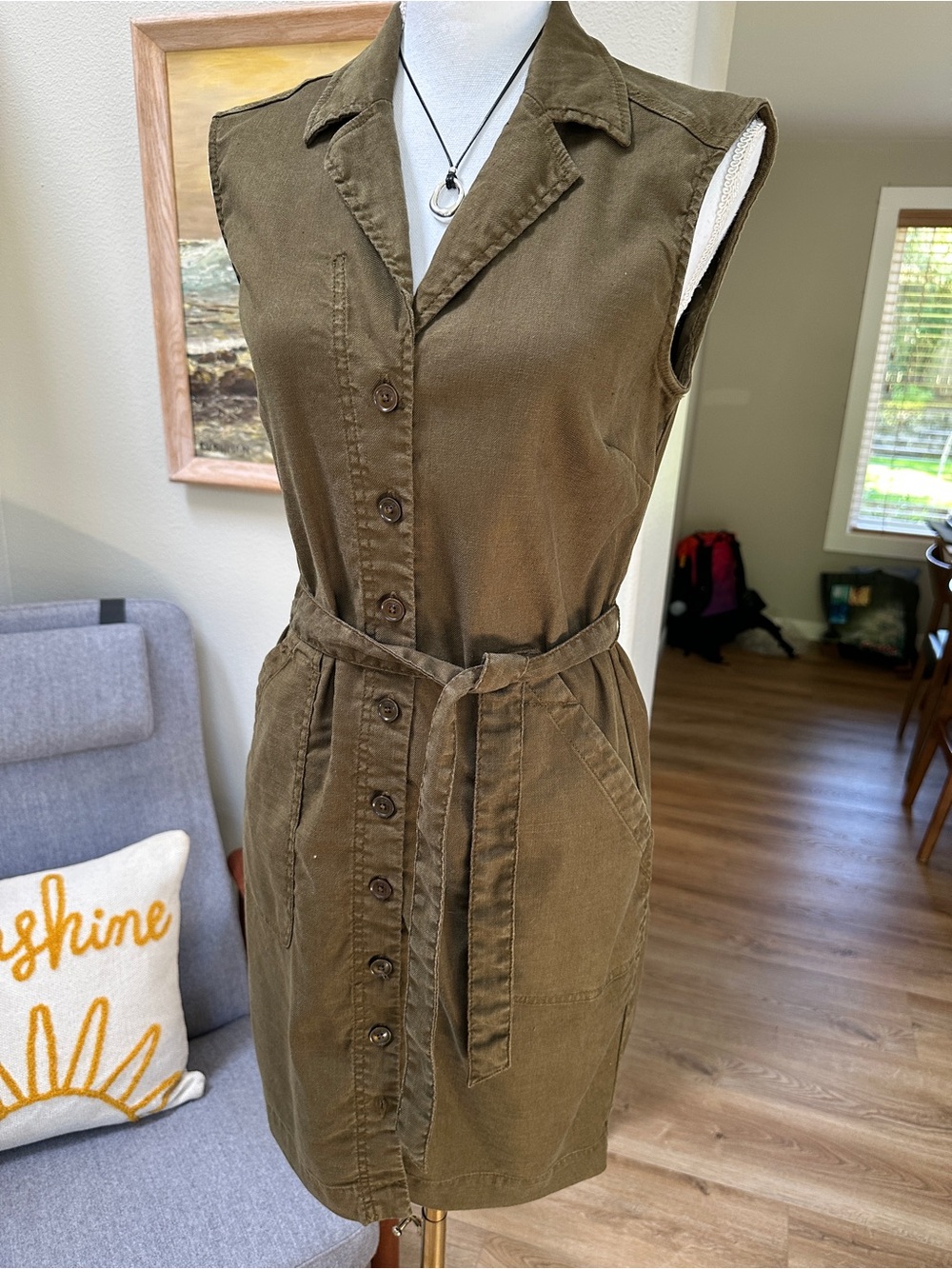 Level 99 Olive green Utility sleeveless stretchy Shirt Dress